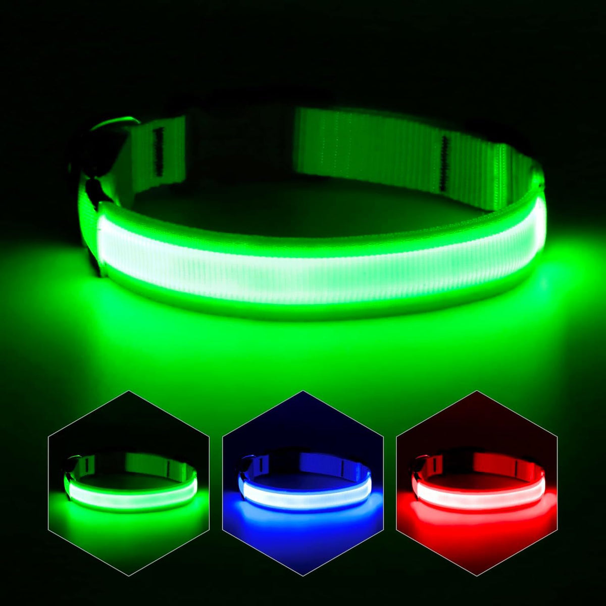 Green LED dog collar with inset images of red and blue collars.