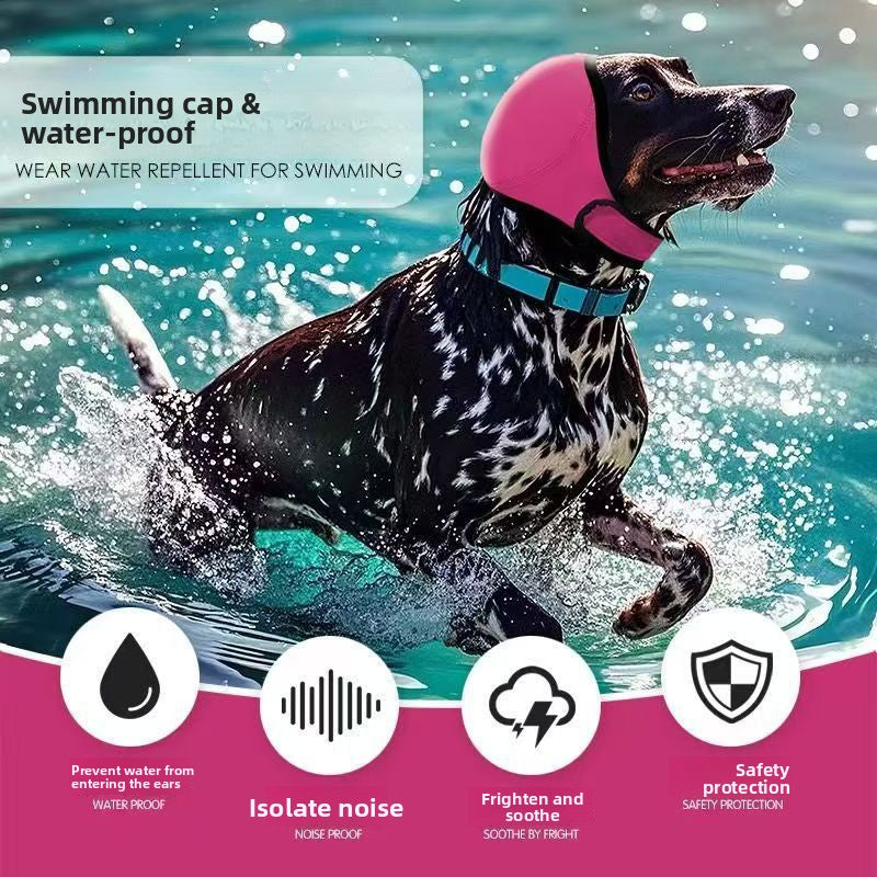 A black-and-white spotted dog running through splashing water while wearing a bright pink swimming cap and a blue collar. Text at the top reads 'Swimming cap & water-proof' and the bottom features feature icons for water repellency, noise isolation, soothing sound, and safety protection.