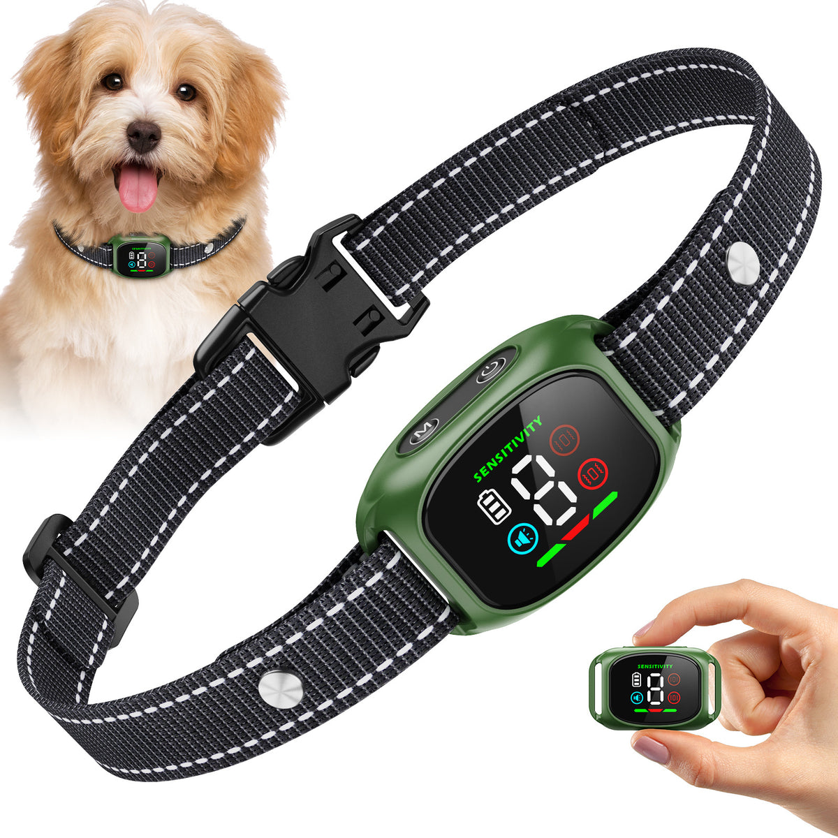 Pet collar with digital display and remote control held by a hand, with a dog in the background.