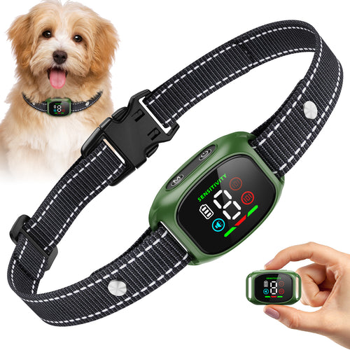 Pet collar with digital display and remote control held by a hand, with a dog in the background.