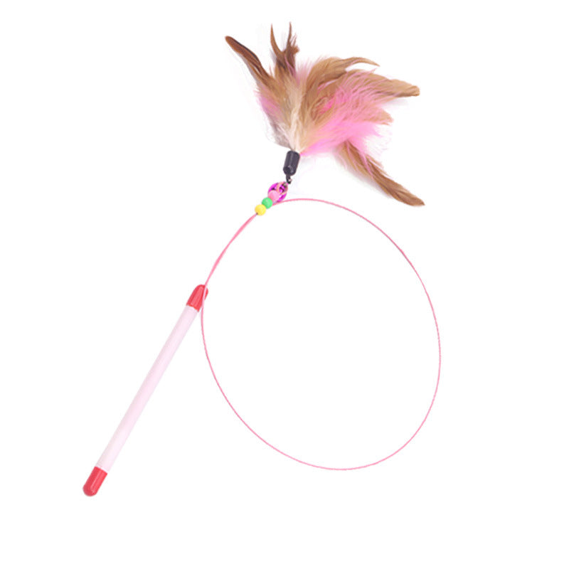 A cat toy wand with a pink plastic handle, a thin pink loop, and a brown and pink feather at the end, shown on a plain white background.