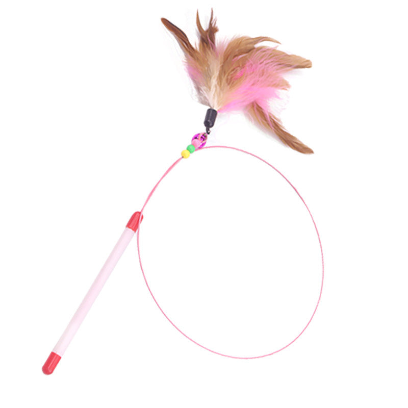 A pink and white cat wand toy with a looped string and a fluffy feather topper in brown and pink, shown on a plain white background.