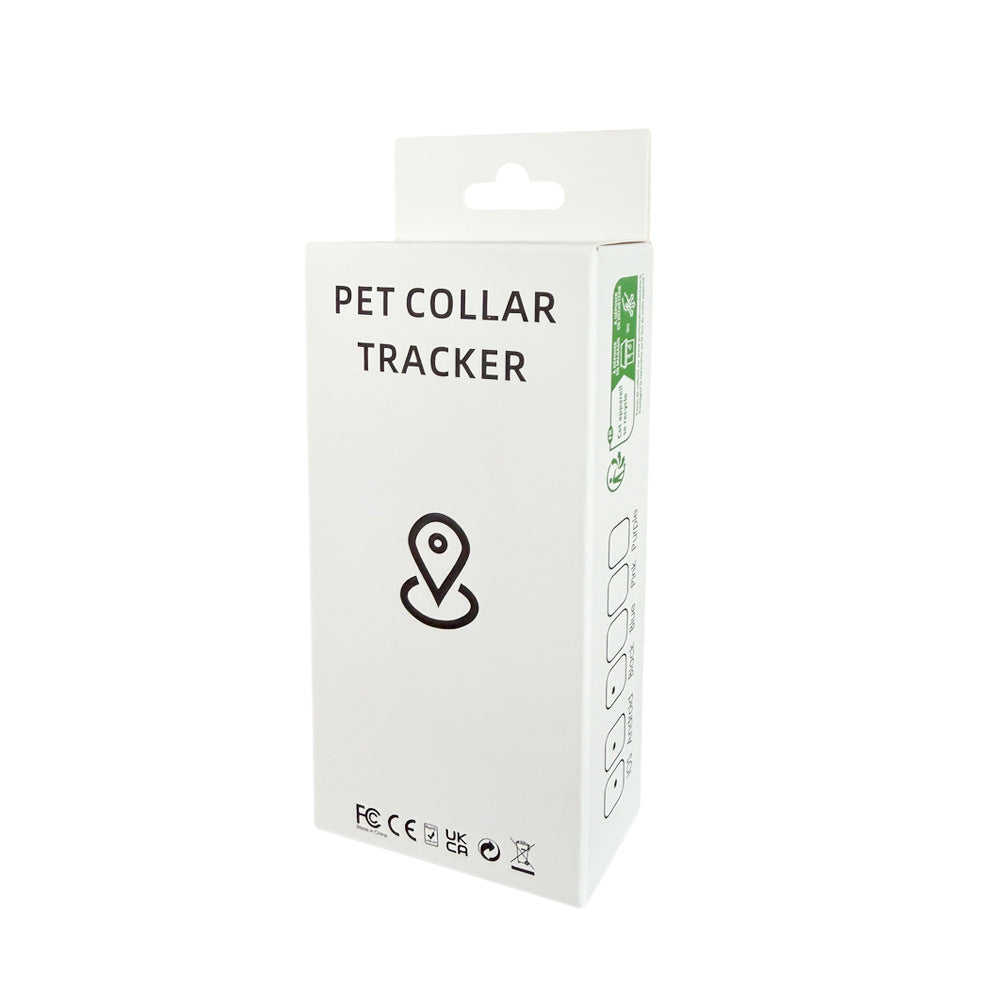A white rectangular retail box for a pet collar tracker, shown upright on a plain white background. The front reads 'PET COLLAR TRACKER' with a black location-pin icon, and small compliance marks appear near the bottom.