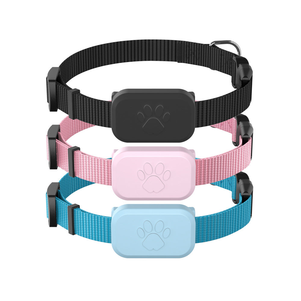 Three pet collars stacked vertically on a white background, featuring black, pink, and blue nylon straps with matching colored rectangular electronic heart monitors.
