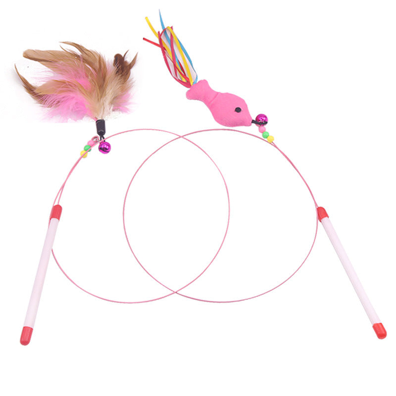 A cat toy set featuring two long pink-and-white wand sticks with small bells, one with a brown and pink feather and the other with a pink fish-shaped toy and multicolored tail streamers, shown on a plain white background.
